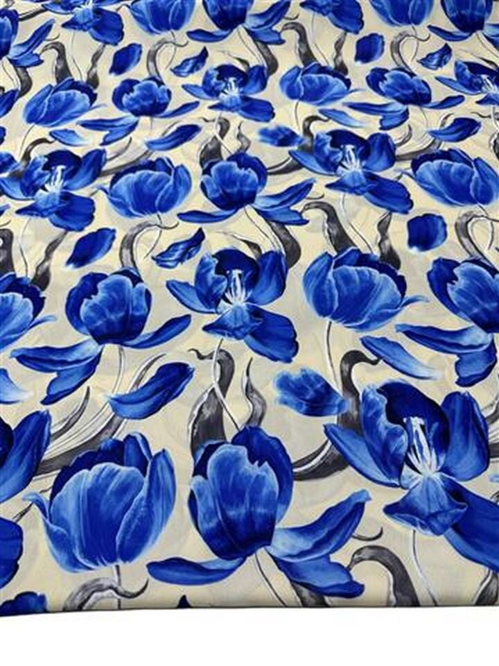 Mavi Çiçek Desen Elbiselik Gömleklik Krep Kumaş