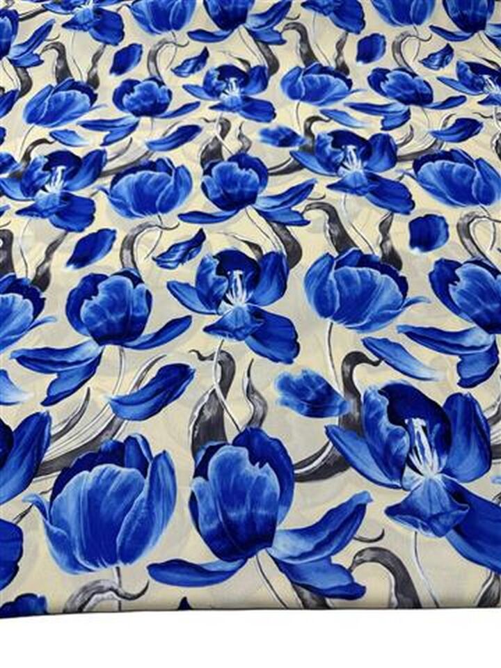 Mavi Çiçek Desen Elbiselik Gömleklik Krep Kumaş
