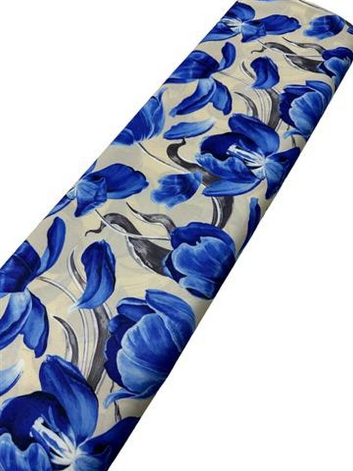 Mavi Çiçek Desen Elbiselik Gömleklik Krep Kumaş