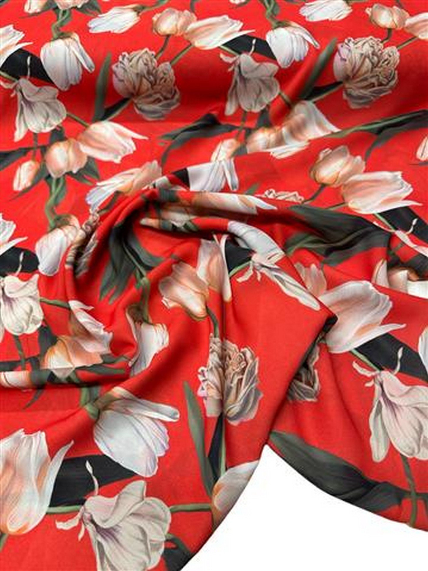 Kırmızı Gül Desen Elbiselik Gömleklik Krep Kumaş