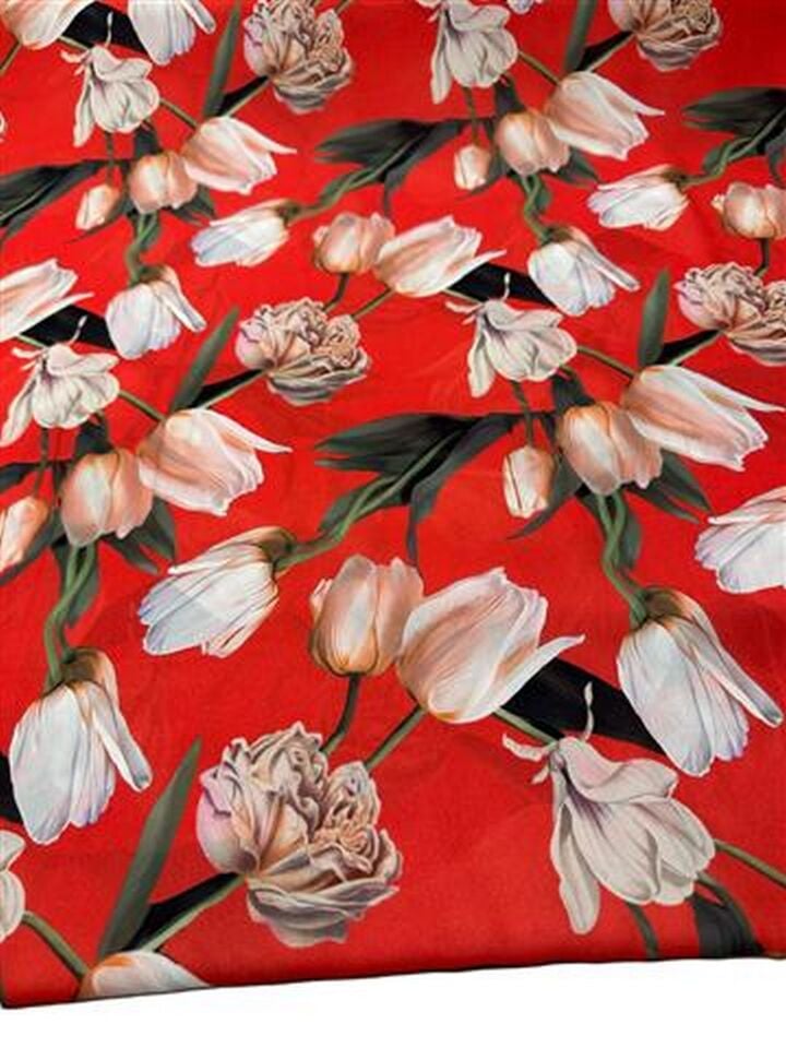 Kırmızı Gül Desen Elbiselik Gömleklik Krep Kumaş