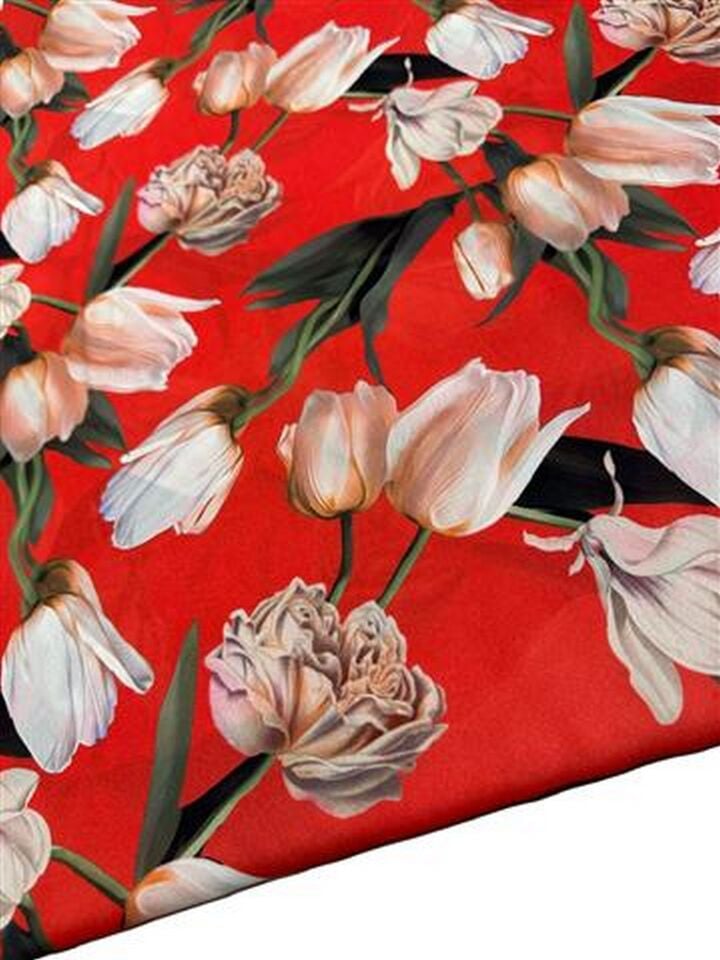 Kırmızı Gül Desen Elbiselik Gömleklik Krep Kumaş