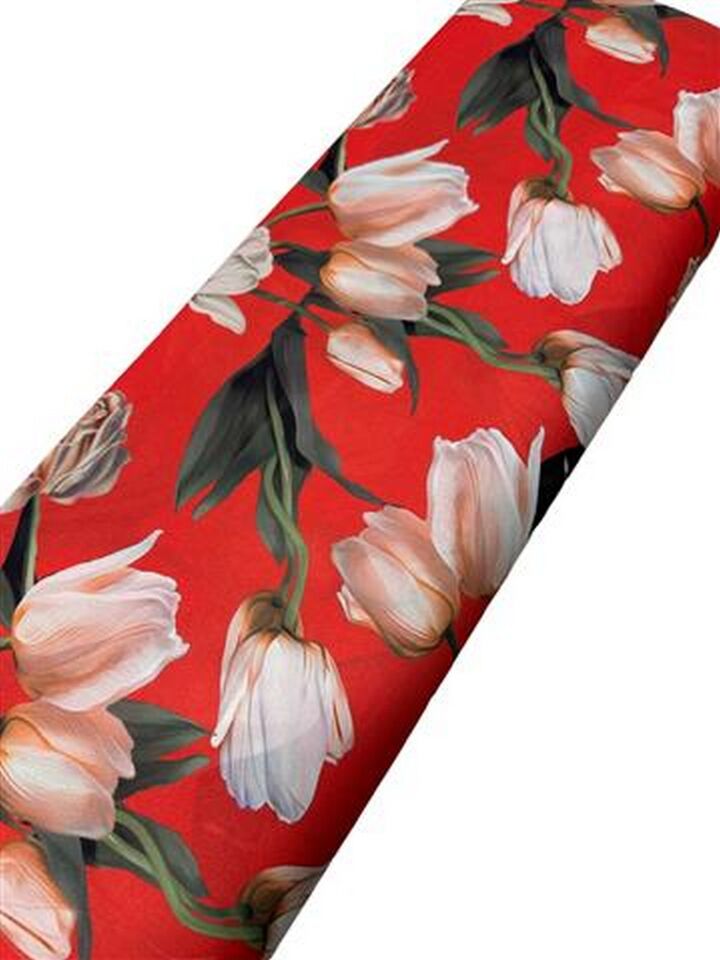 Kırmızı Gül Desen Elbiselik Gömleklik Krep Kumaş