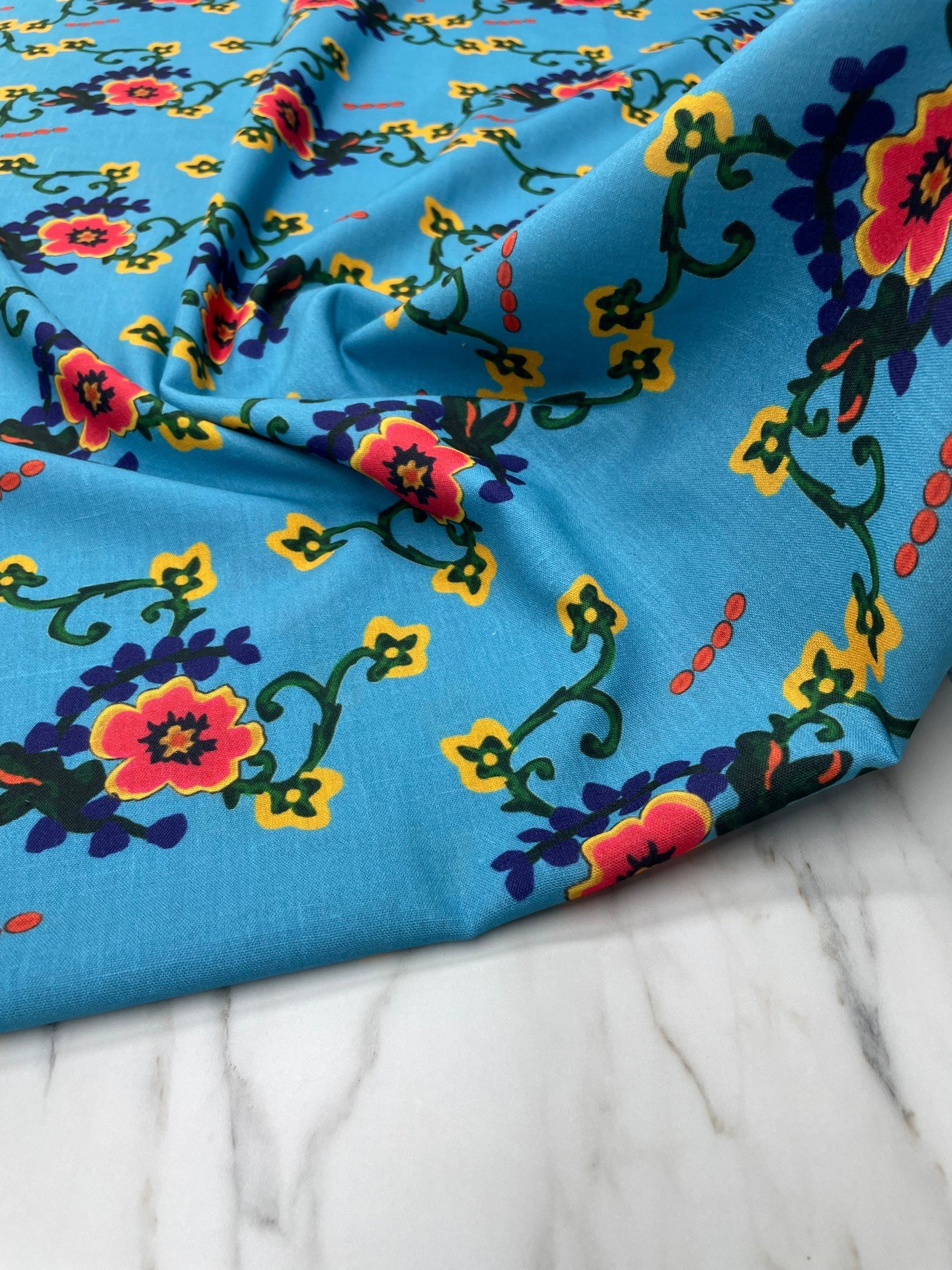 Mavi Milas Gülü Elbiselik Keten Kumaş