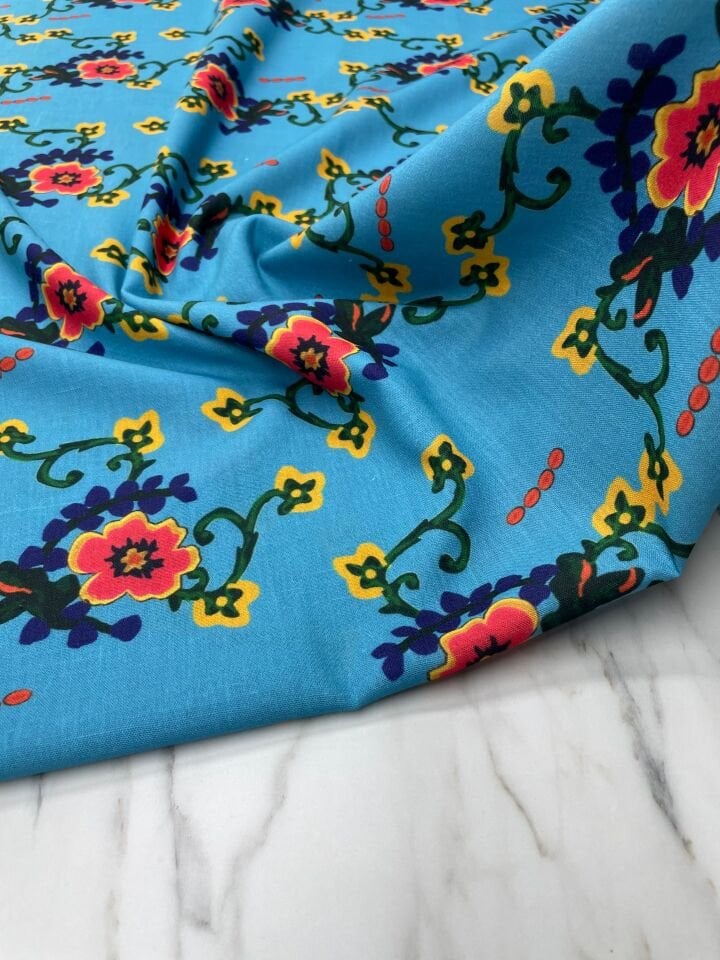 Mavi Milas Gülü Elbiselik Keten Kumaş