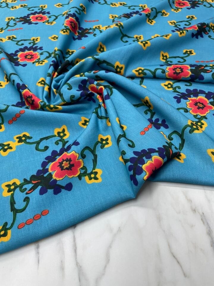 Mavi Milas Gülü Elbiselik Keten Kumaş