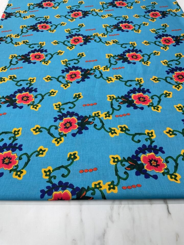 Mavi Milas Gülü Elbiselik Keten Kumaş
