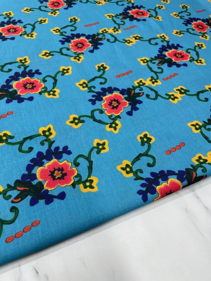 Mavi Milas Gülü Elbiselik Keten Kumaş