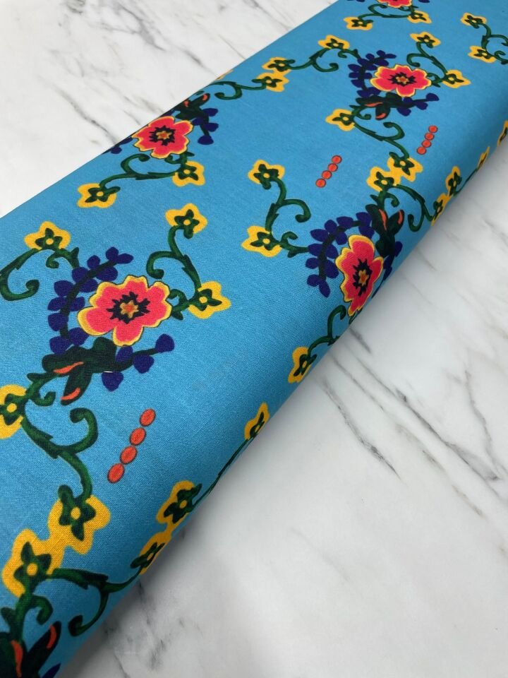 Mavi Milas Gülü Elbiselik Keten Kumaş