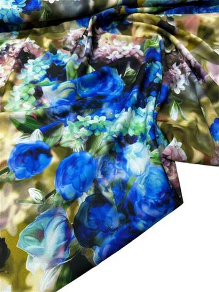 Mavi Gül Desen Elbiselik Gömleklik Krep Kumaş