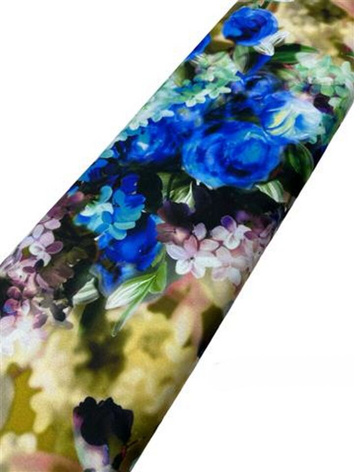 Mavi Gül Desen Elbiselik Gömleklik Krep Kumaş