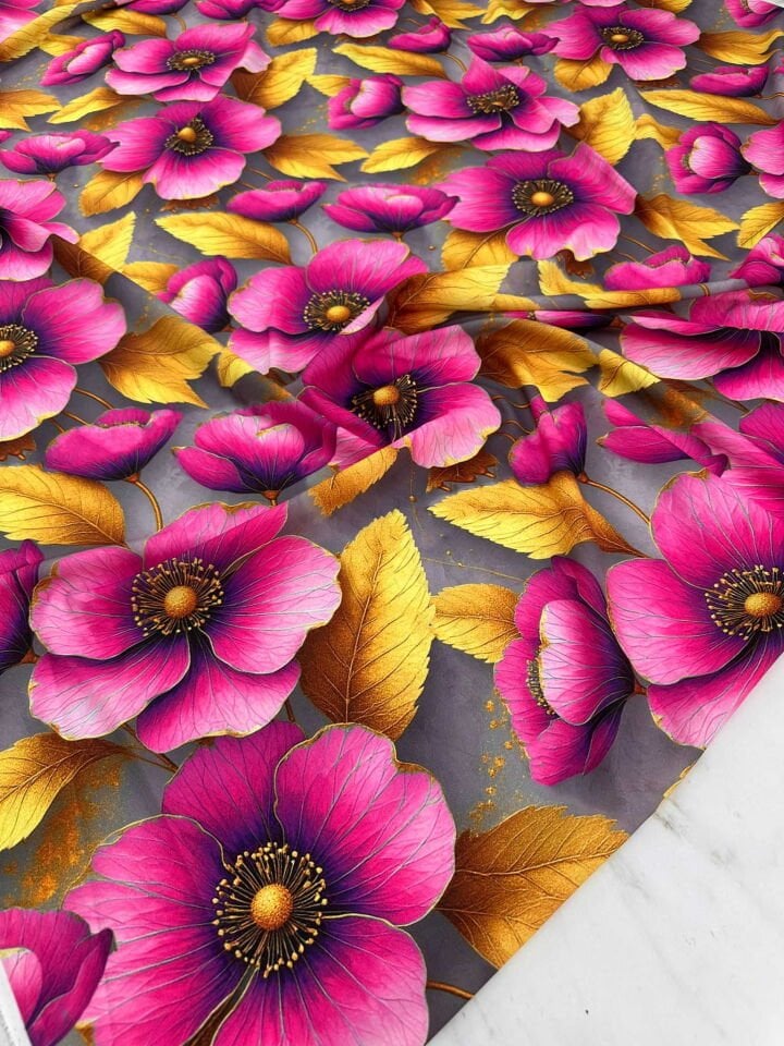 Feruze Desen Dijital Baskı Krep Kumaş Yumuışak Dökümlü