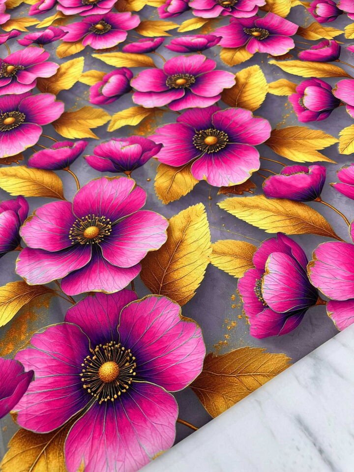 Feruze Desen Dijital Baskı Krep Kumaş Yumuışak Dökümlü