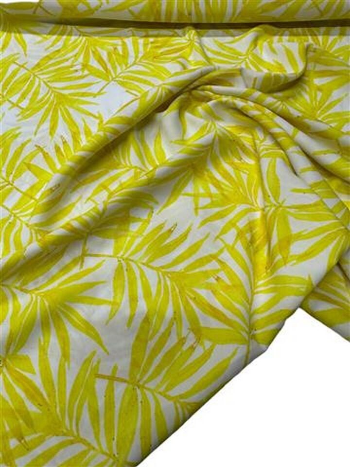 Sarı Yaprak Desen Elbiselik Gömleklik Krep Kumaş