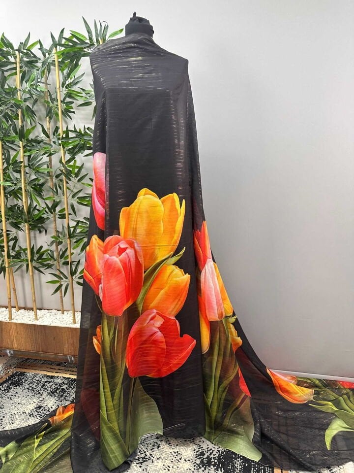 Lale Desen Simli Şifon Kumaş Elbise Etek