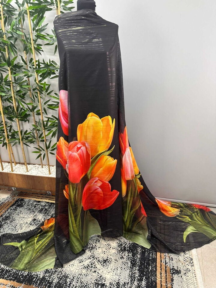 Lale Desen Simli Şifon Kumaş Elbise Etek