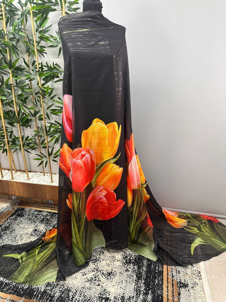 Lale Desen Simli Şifon Kumaş Elbise Etek