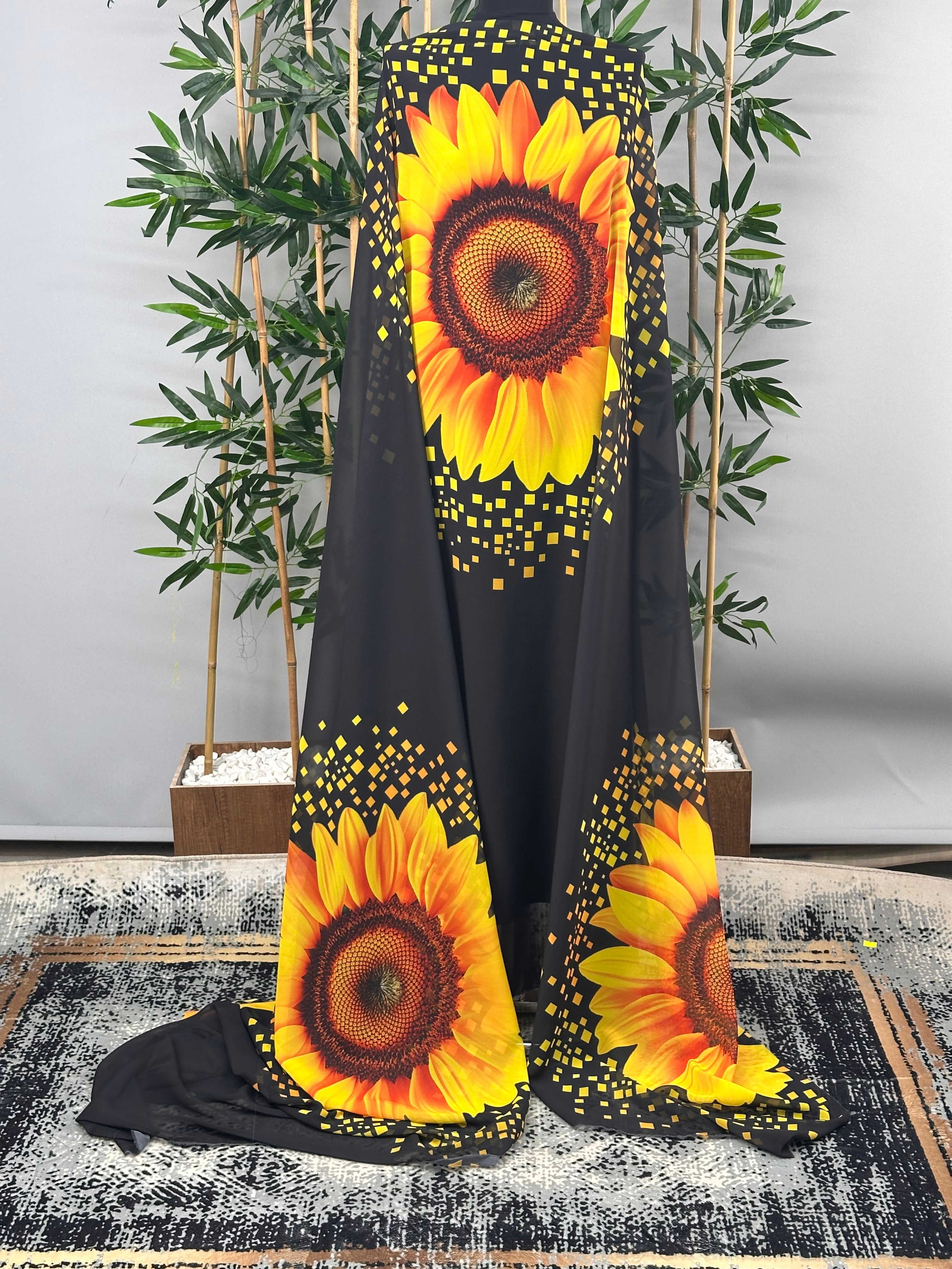 Ayçiçegi Desen Şifon Kumaş Elbise Etek