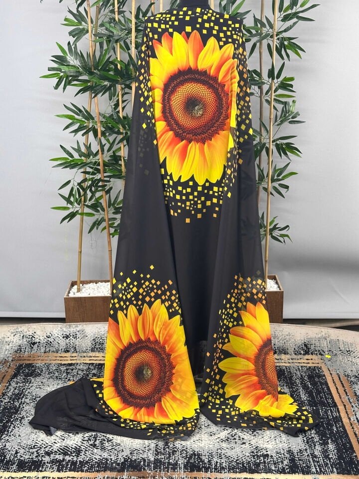 Ayçiçegi Desen Şifon Kumaş Elbise Etek