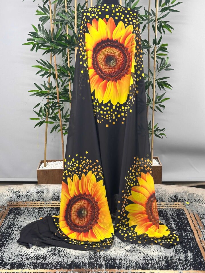 Ayçiçegi Desen Şifon Kumaş Elbise Etek