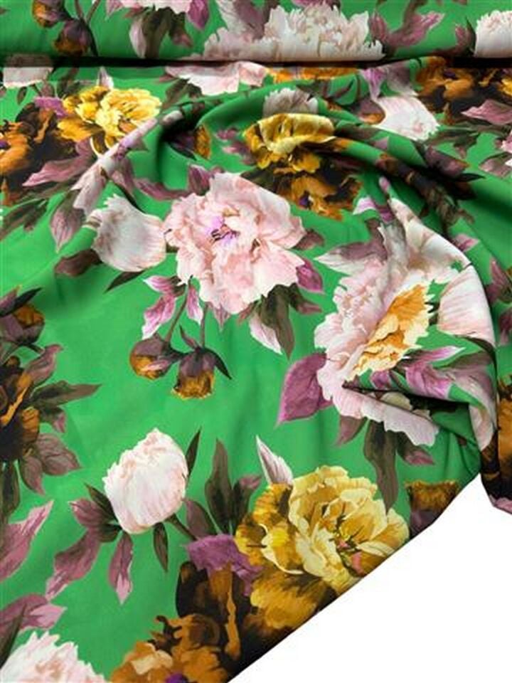 Yeşil Gül Desen Elbiselik Gömleklik Krep Kumaş