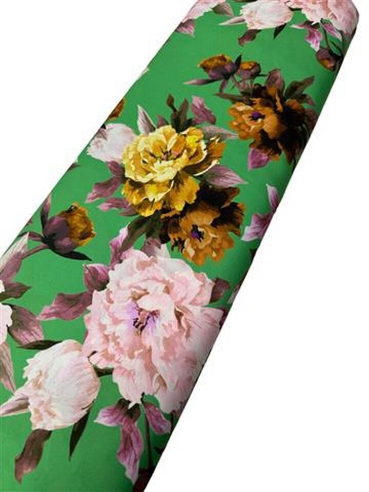 Yeşil Gül Desen Elbiselik Gömleklik Krep Kumaş