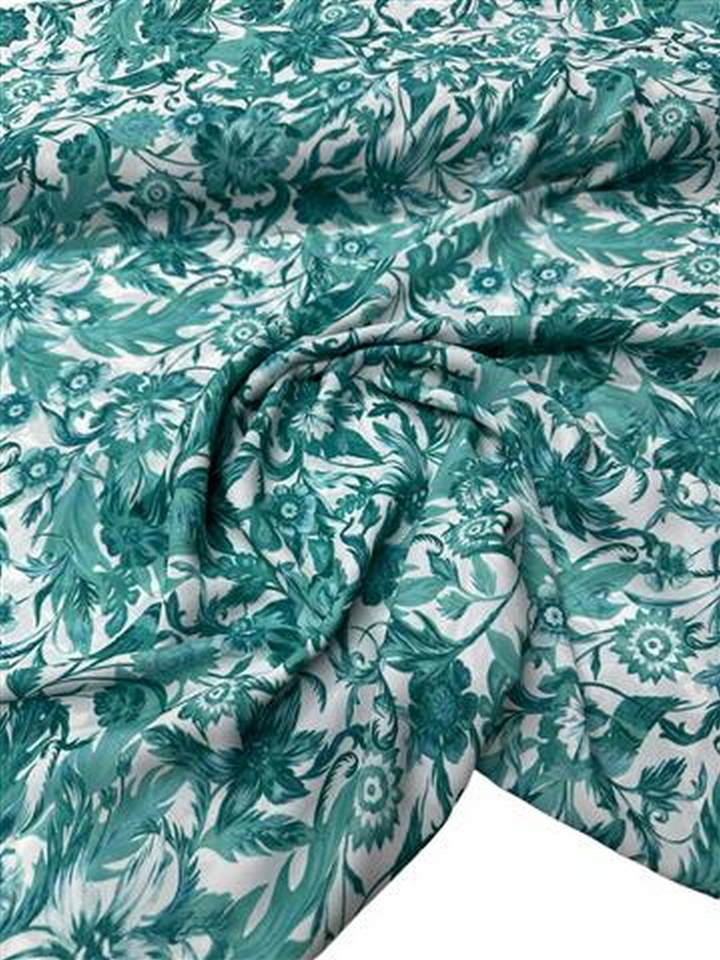 Turkuaz Akdeniz Çiçeği Desen Elbiselik Gömleklik Krep Kumaş