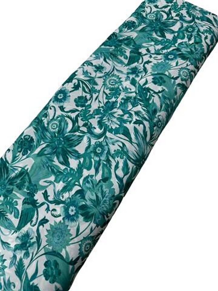 Turkuaz Akdeniz Çiçeği Desen Elbiselik Gömleklik Krep Kumaş