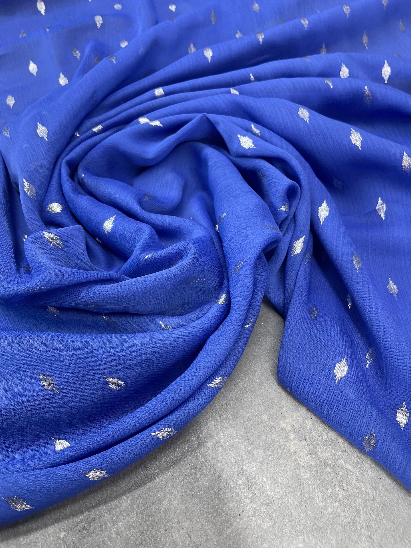 Mavi Düz Simli Elbiselik Şifon Kumaş