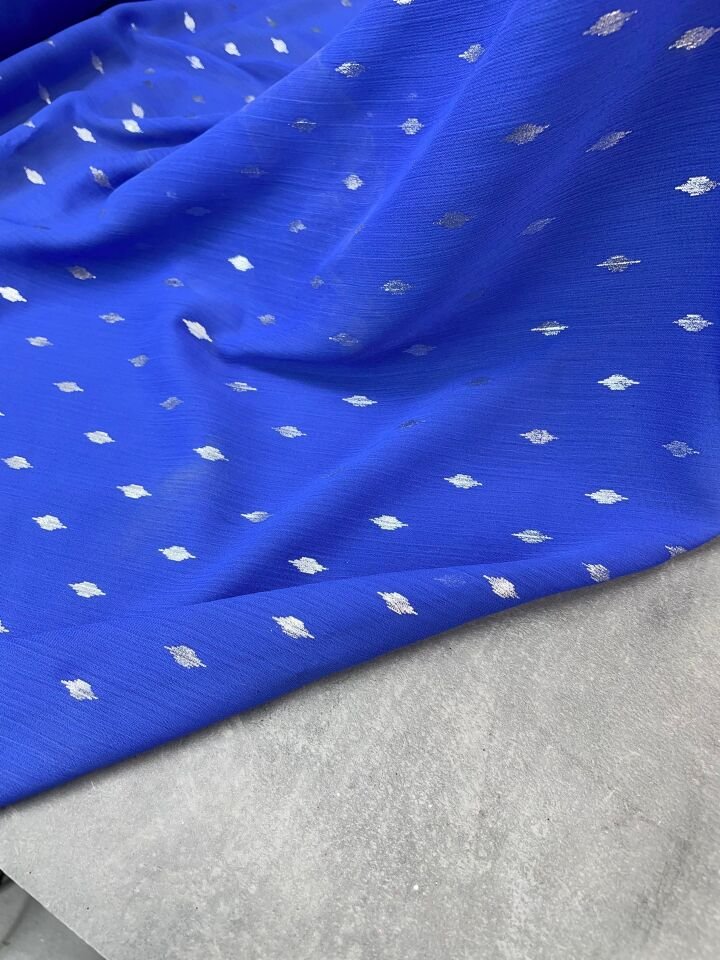 Mavi Düz Simli Elbiselik Şifon Kumaş