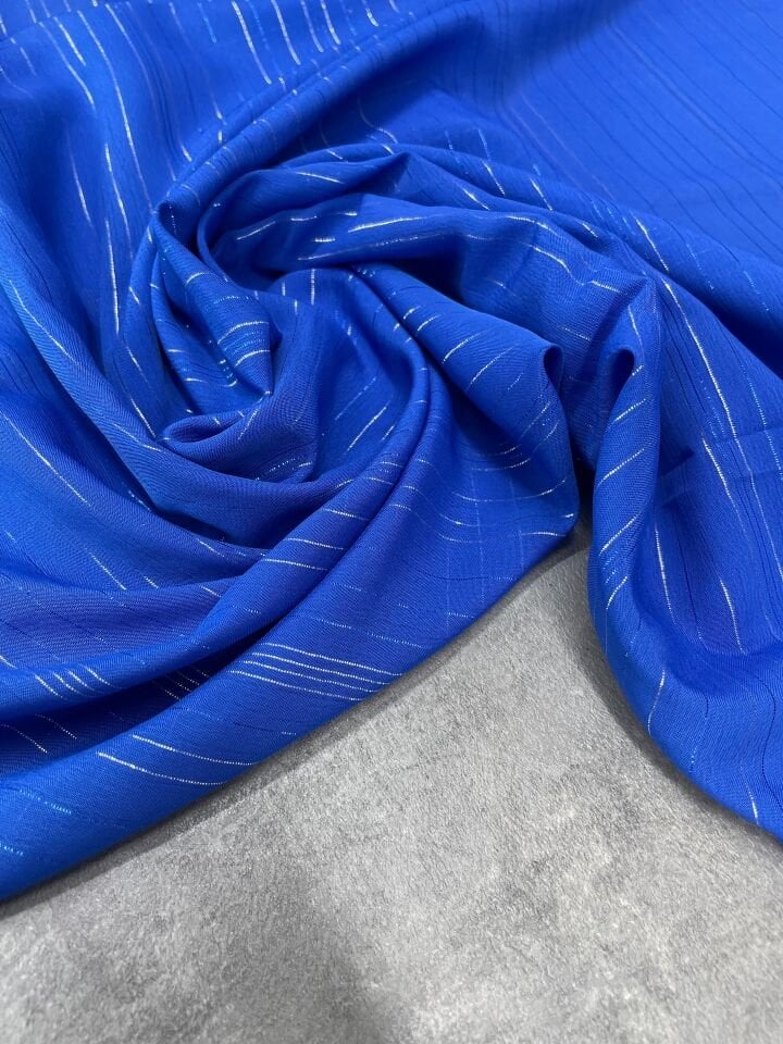 Mavi Düz Simli Elbiselik Şifon Kumaş