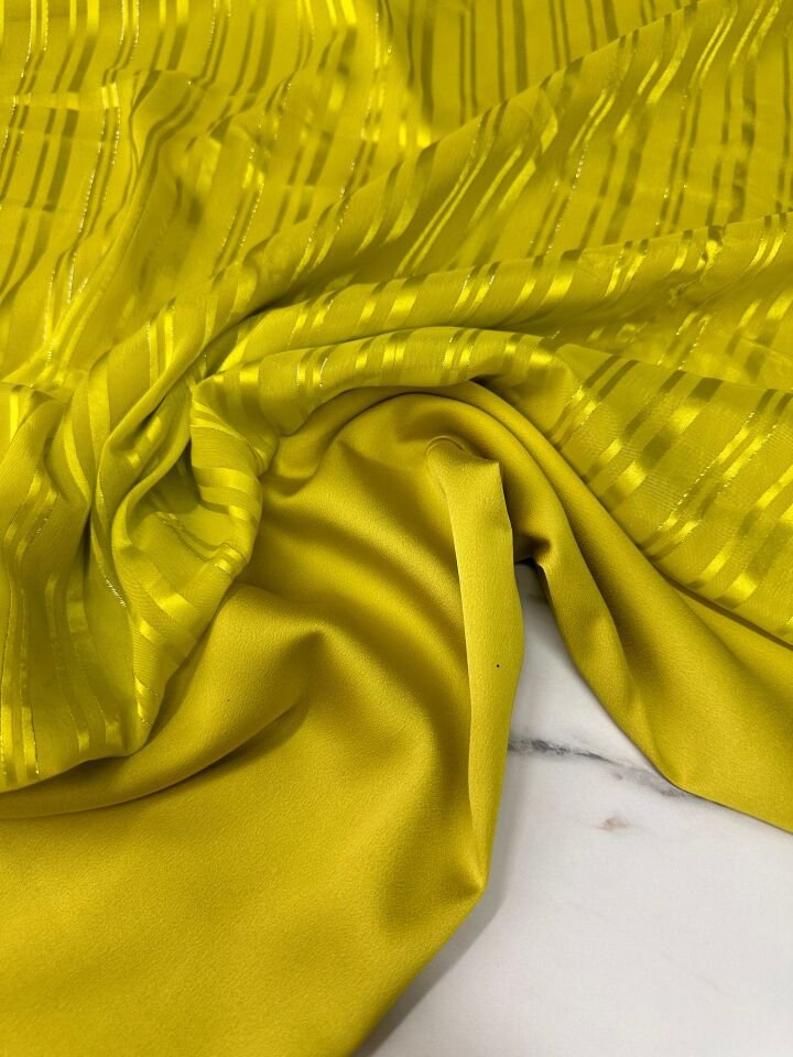 Sarı Düz Simli Elbiselik Şifon Kumaş