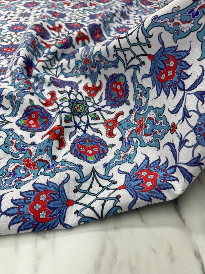 Türk Motif Desen Elbiselik Keten Kumaş