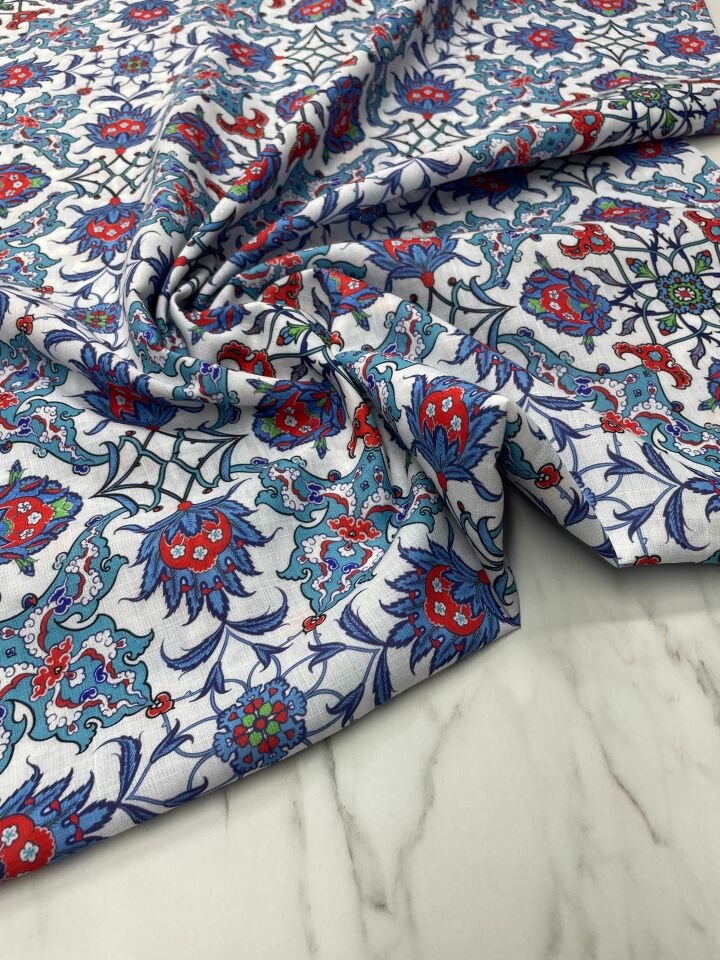 Türk Motif Desen Elbiselik Keten Kumaş