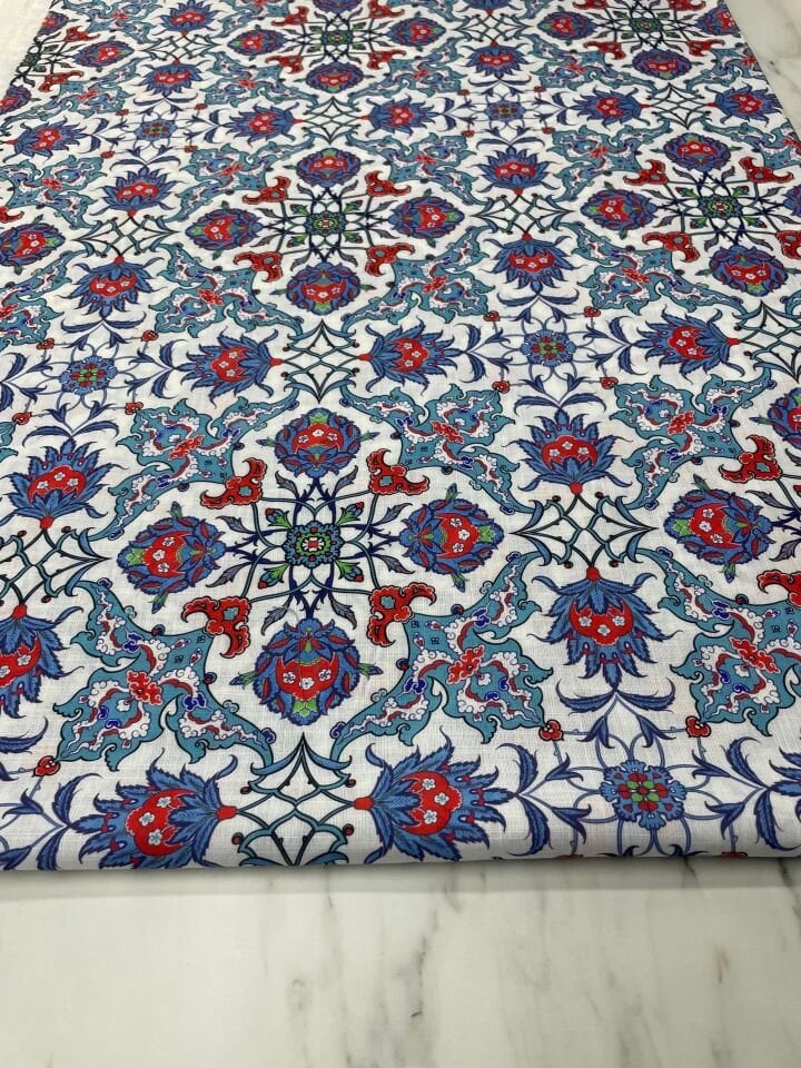 Türk Motif Desen Elbiselik Keten Kumaş