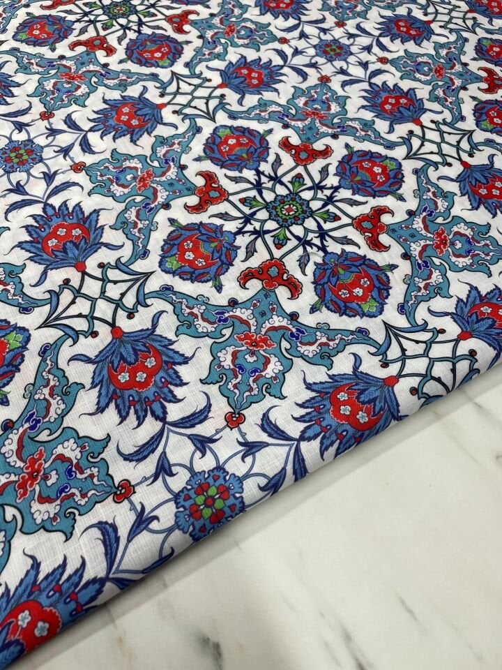 Türk Motif Desen Elbiselik Keten Kumaş