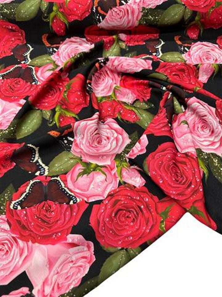 Gül Desen Elbiselik Gömleklik Krep Kumaş