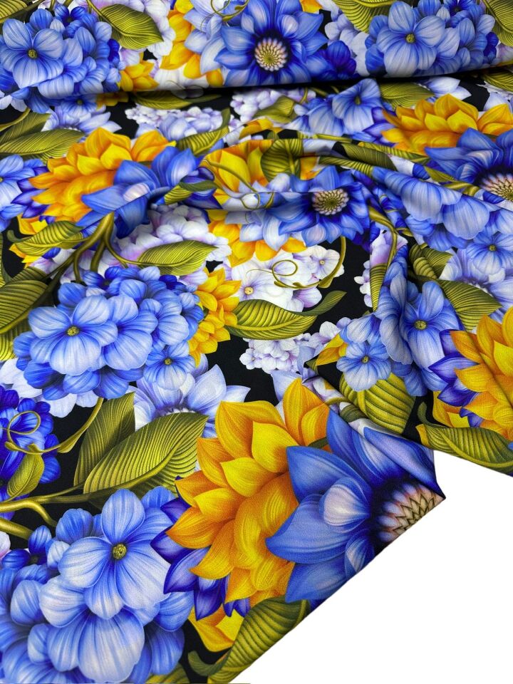 Mavi Çiçek Desen Elbiselik Gömleklik Krep Kumaş