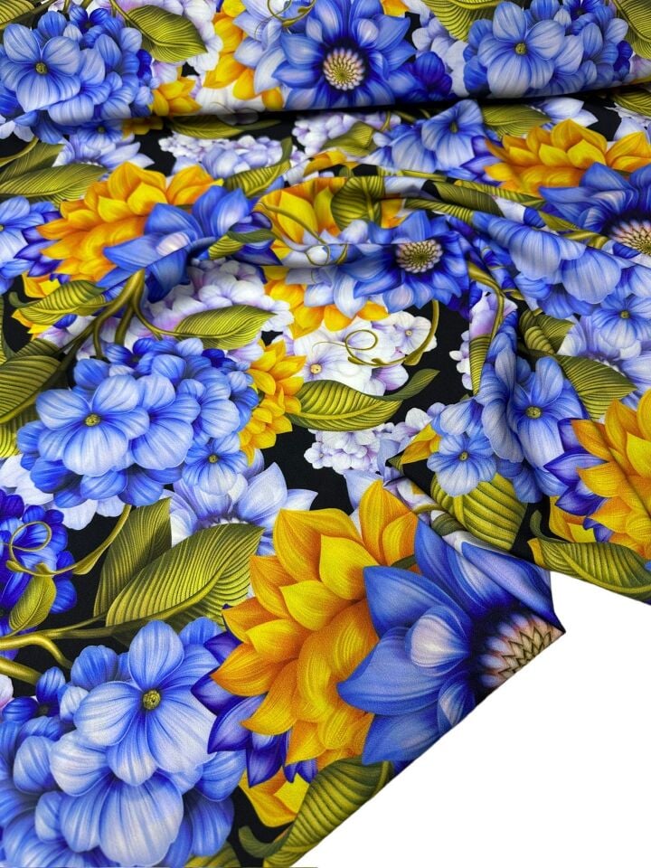 Mavi Çiçek Desen Elbiselik Gömleklik Krep Kumaş