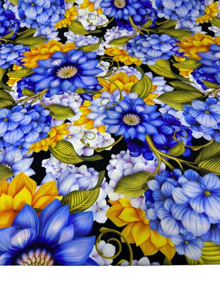 Mavi Çiçek Desen Elbiselik Gömleklik Krep Kumaş