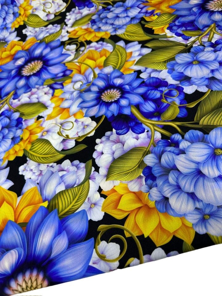 Mavi Çiçek Desen Elbiselik Gömleklik Krep Kumaş