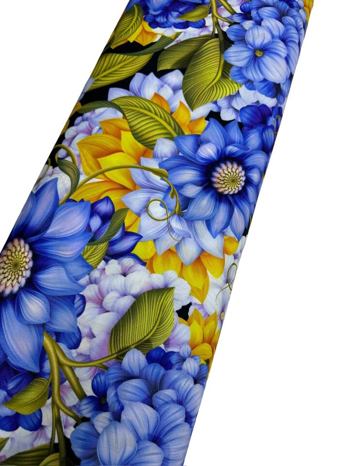 Mavi Çiçek Desen Elbiselik Gömleklik Krep Kumaş