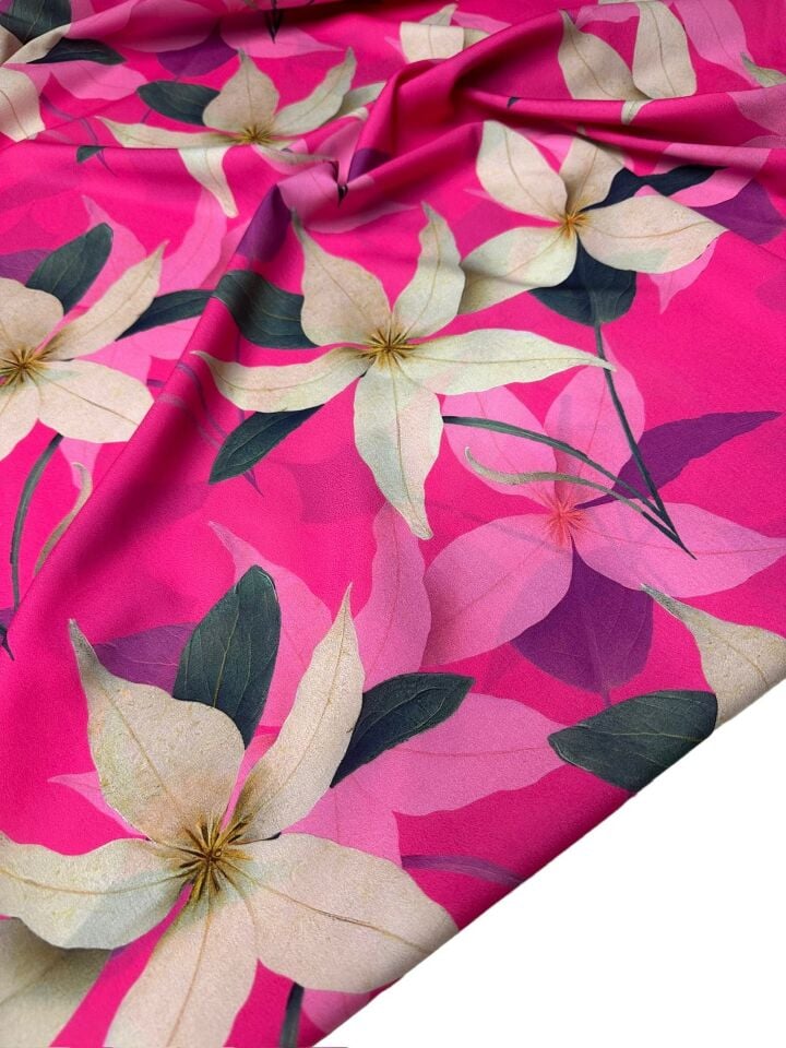 Pembe Lilyum Desen Elbiselik Gömleklik Krep Kumaş