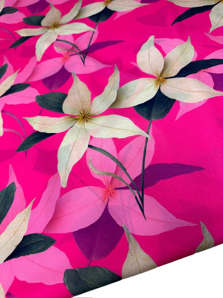 Pembe Lilyum Desen Elbiselik Gömleklik Krep Kumaş