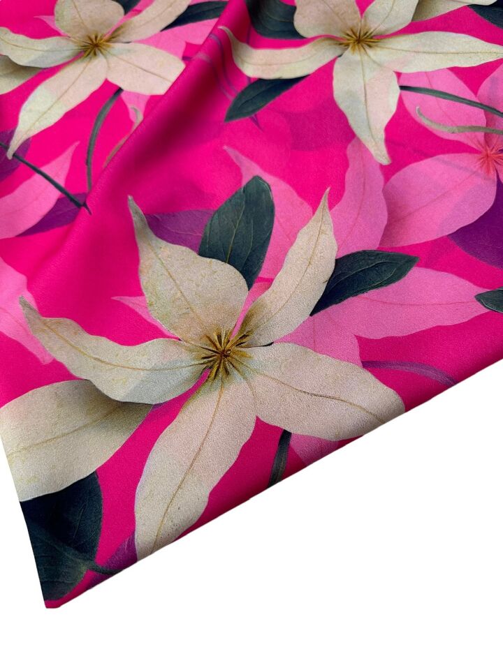 Pembe Lilyum Desen Elbiselik Gömleklik Krep Kumaş