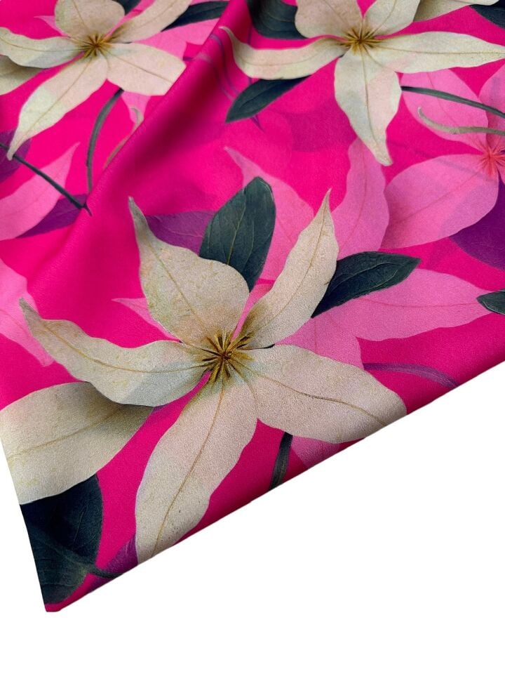 Pembe Lilyum Desen Elbiselik Gömleklik Krep Kumaş