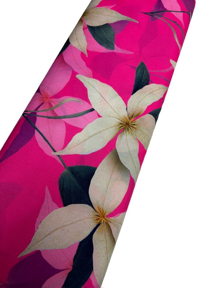 Pembe Lilyum Desen Elbiselik Gömleklik Krep Kumaş