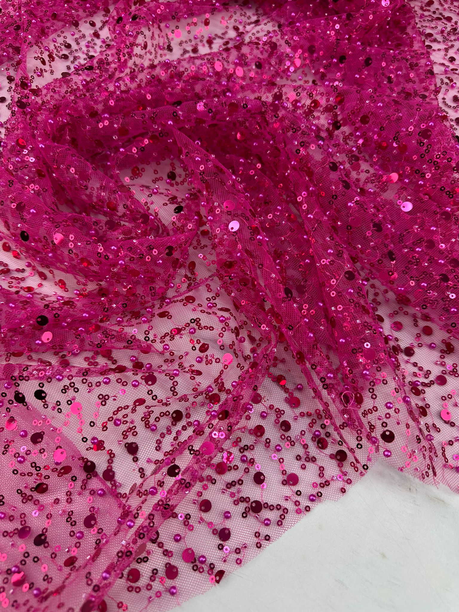 Fuşya Pempe Analı Kız Boncuklu Abiye Kumaşı