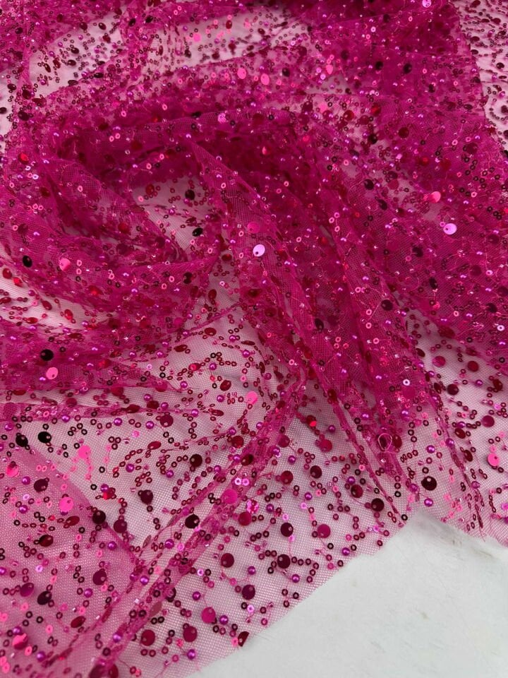 Fuşya Pempe Analı Kız Boncuklu Abiye Kumaşı