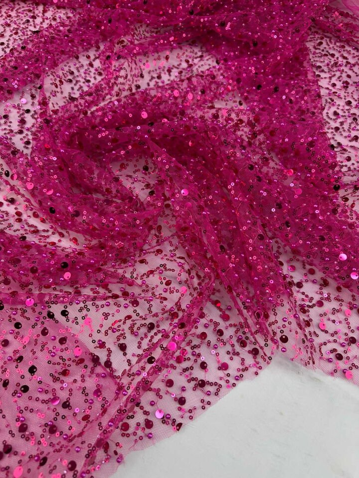 Fuşya Pempe Analı Kız Boncuklu Abiye Kumaşı